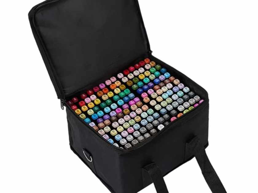 Close up of colouring markers in a carrying case