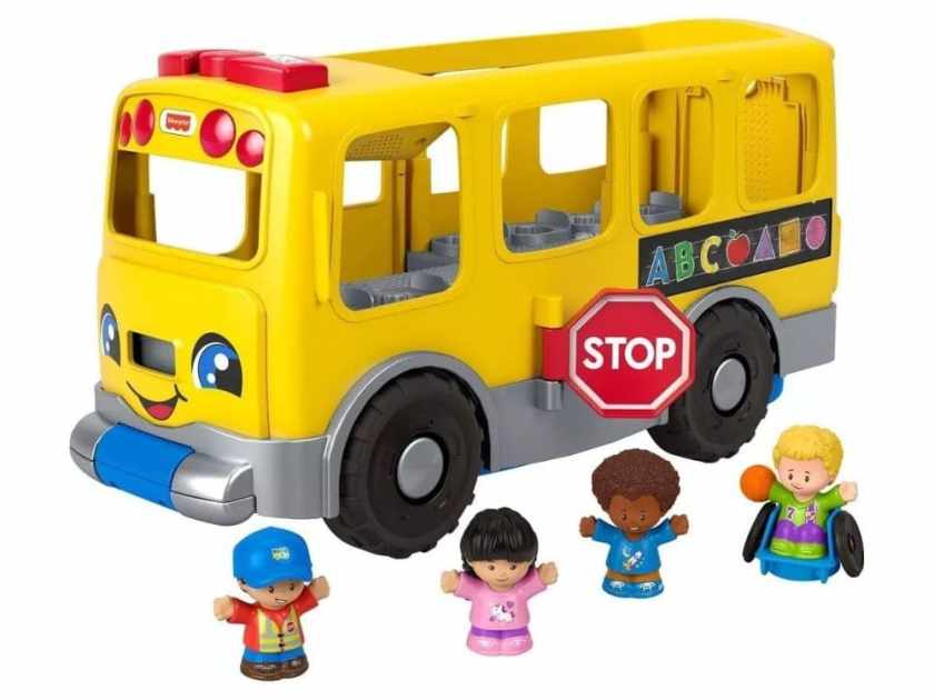 Fisher Price Little People Toy yellow school bus with four people figurines including one wheelchair user holding a basketball