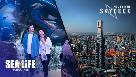 A composite image of Sea Life Aquarium (left) and the Melbourne Skydeck building (right)